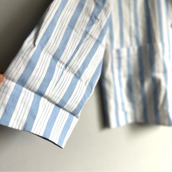 J.Crew Patch Pocket Blazer Sz M Striped Linen Nautical Blue White Gold Button - Picture 14 of 16